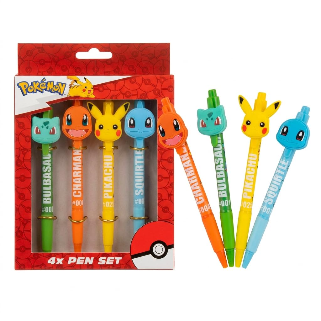 HOX Pokémon 4 Pack Ballpoint Pens - Pikachu, Charmander, Squirtle & Bulbasaur | Blue Ink 1