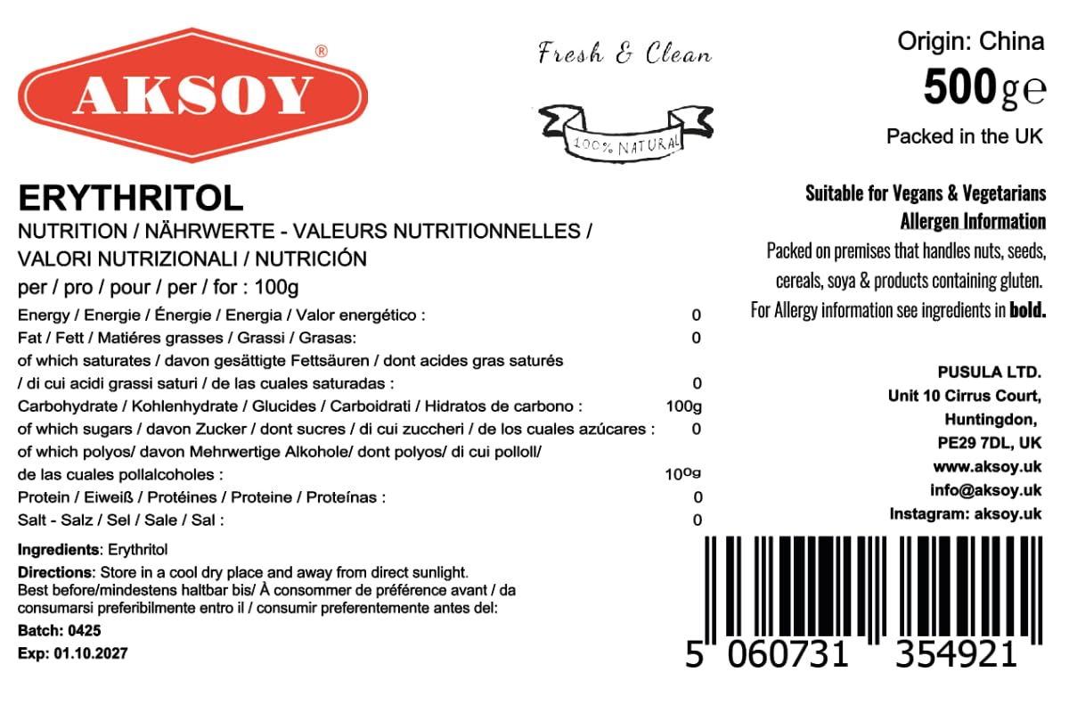 AKSOY Erythritol Granulated Sugar Substitute - Zero Calorie, 100% Natural, 500g 2