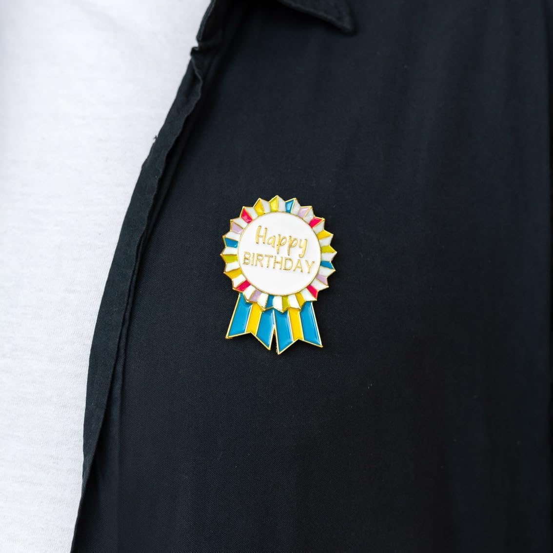 Talking Tables Happy Birthday Badge - Rainbow Gold Enamel Metal Rosette | Reusable Party Accessory | 4.5 cm