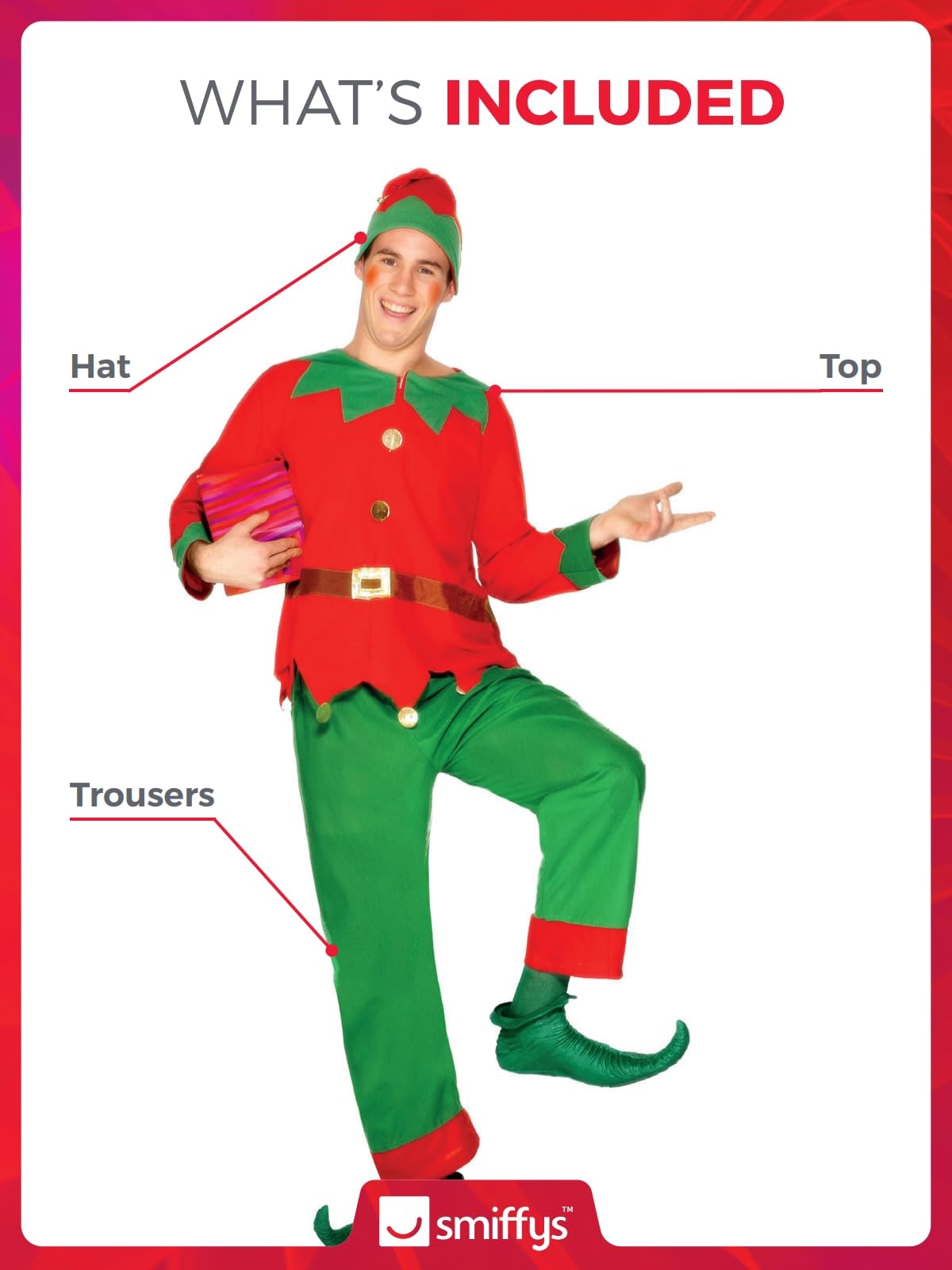 Smiffys Elf Costume - Red & Green Adult Fancy Dress with Top, Trousers & Hat 9