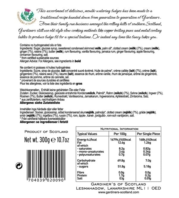 Gardiners of Scotland Luxury Assorted Fudge Tin 300g - Clotted Cream, Ginger, Apple & Cinnamon, Strawberry & Cream, Rum & Raisin 5