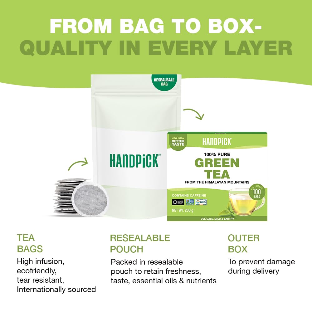 HANDPICK Green Tea Bags - 100% Pure Green Tea, 100 Bags, No Adhesive, No Bleach, Gluten Free
