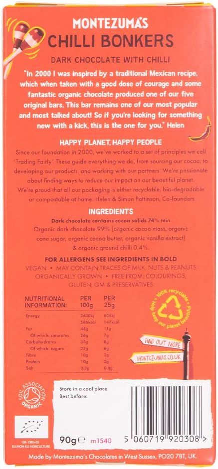 Montezuma's Chilli Bonkers 74% Cocoa Dark Chocolate Bar with Organic Chilli - Vegan, Gluten-Free, 90g