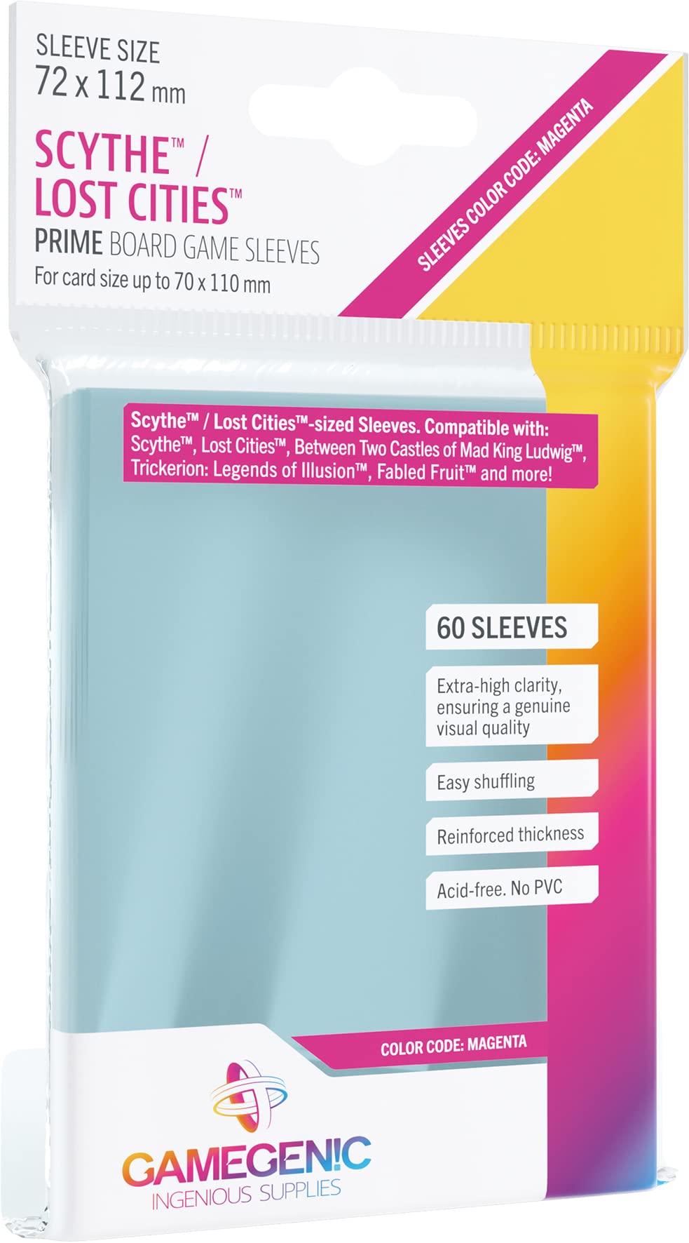 Gamegenic Prime Sleeves for Scythe/Lost Cities Cards | 72x112mm | 60 Count | Clear