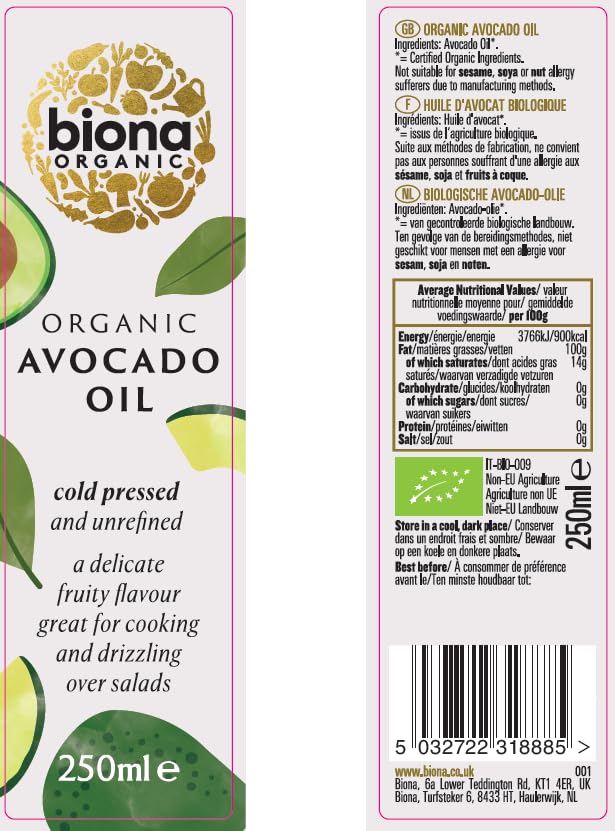 Biona Organic Avocado Oil - Cold-Pressed, Unrefined, 250ml