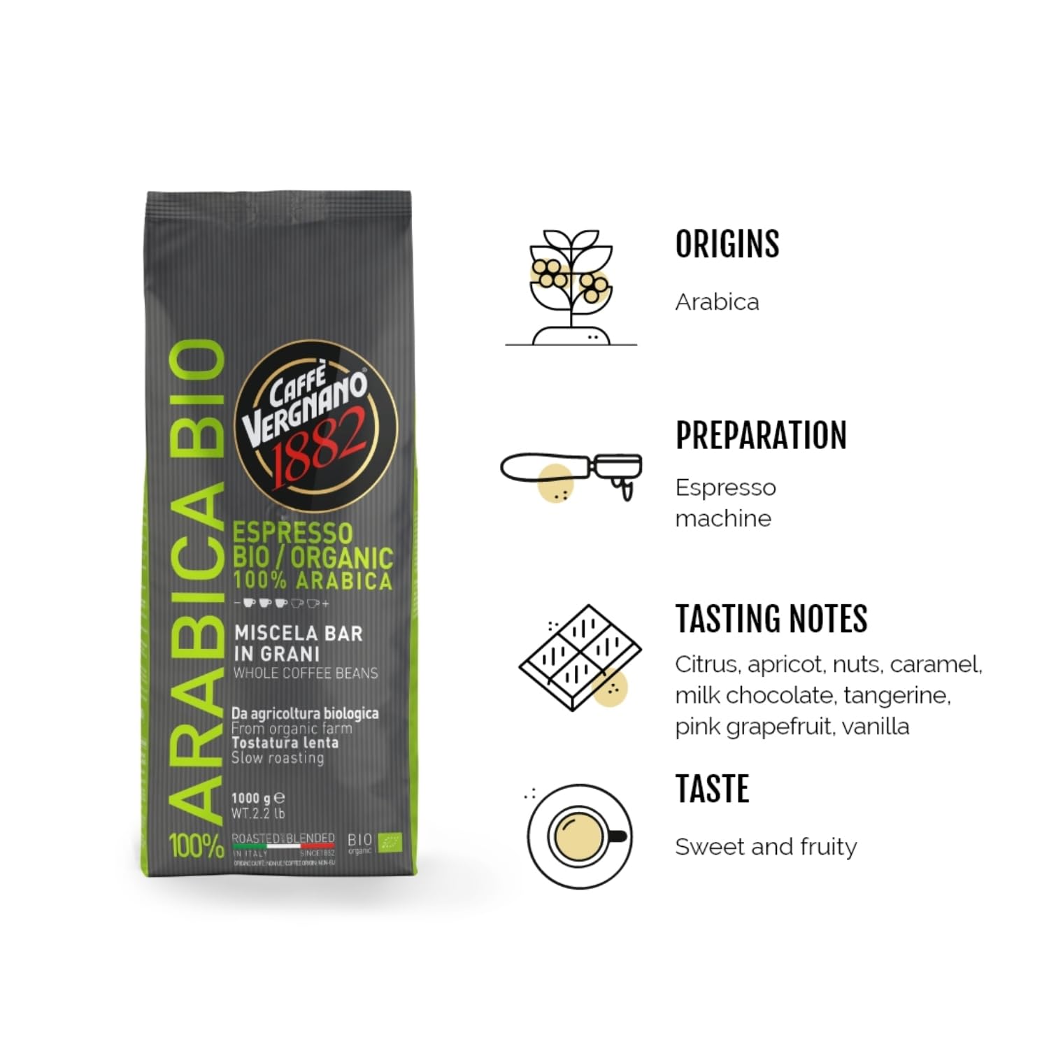 Caffè Vergnano 1882 100% Arabica Bio Whole Bean Roasted Coffee - 1 kg Pack 4