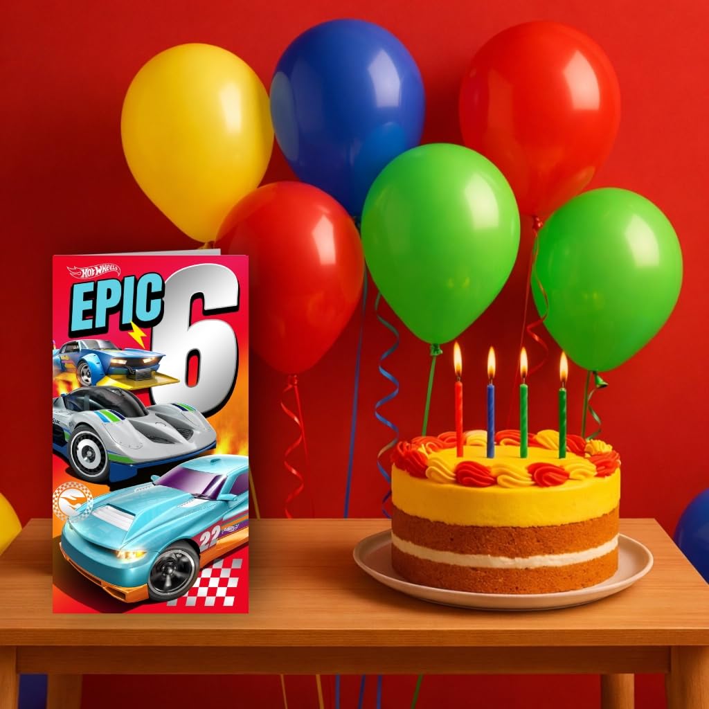 Danilo Promotions LTD Hot Wheels Birthday Card for Age 6 | Premium Card Stock | 22.86 cm x 12.7 cm 2
