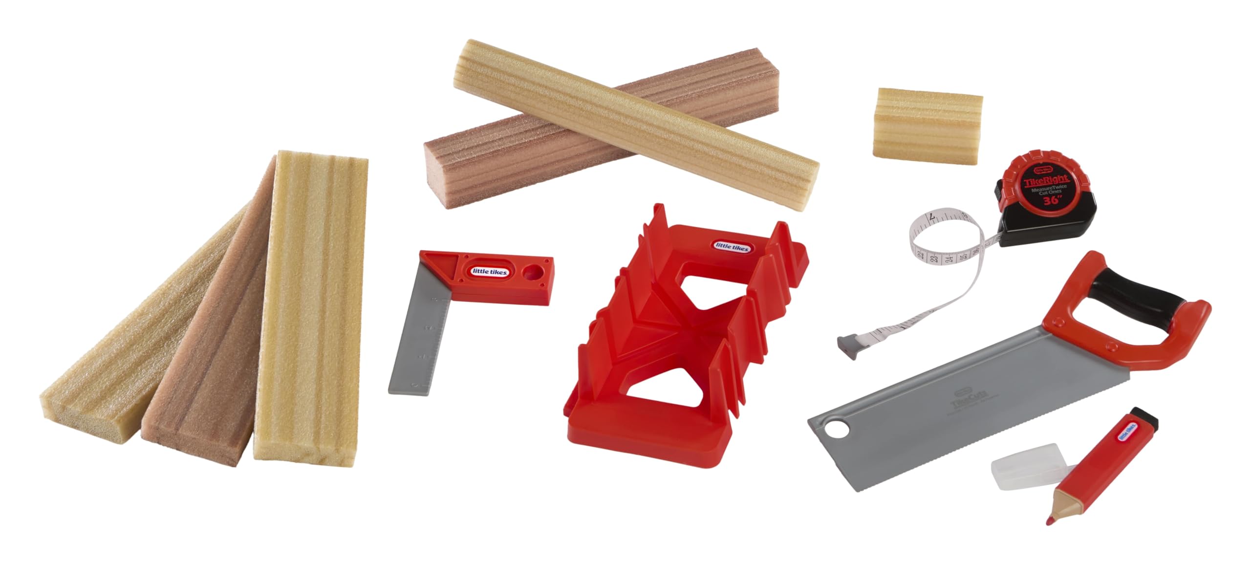 Little Tikes Creative Construction Measure & Cut Set - Pretend Play Building Kit with 5 Realistic Tools and Foam Wood