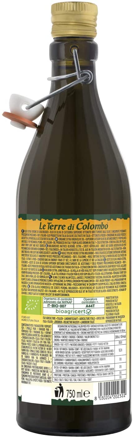 Le Terre di Colombo Organic Extra Virgin Olive Oil - Cold Pressed | 750 ml | Italian Olives