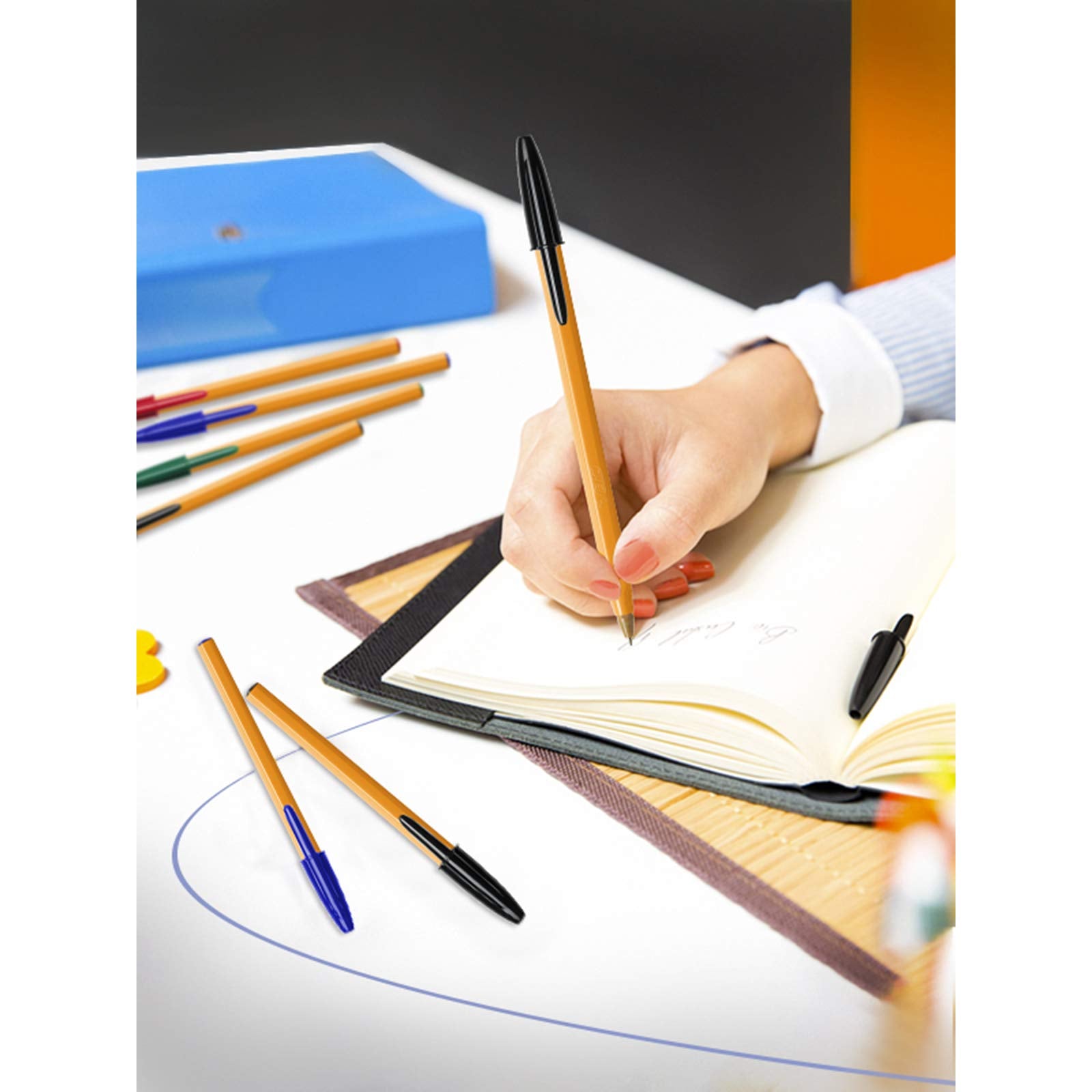 BIC Orange Fine Ballpoint Pens - Black Ink, 0.2mm Fine Point, Box of 20 | Long Lasting & Smudge Free