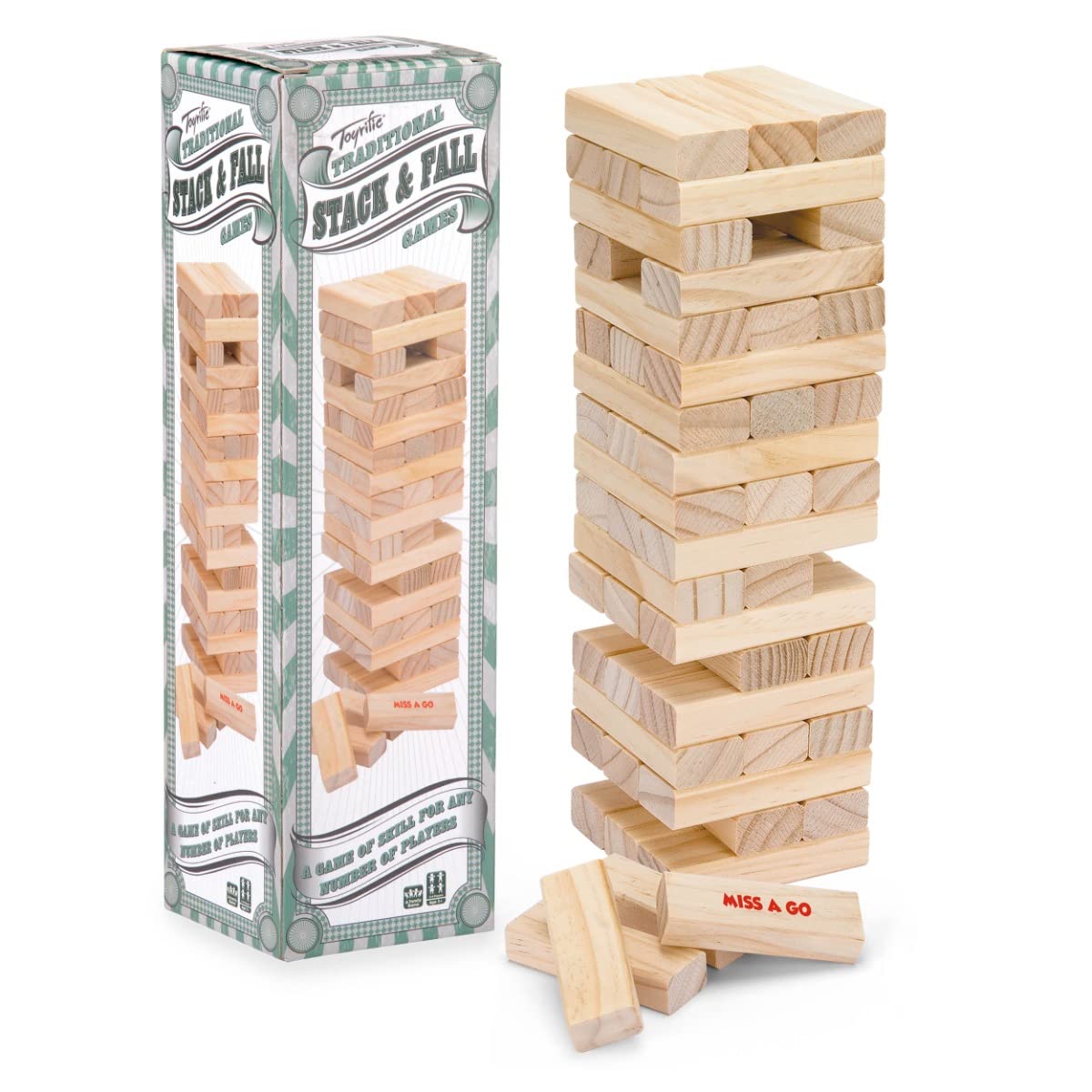 Toyrific Stack and Fall Tumble Tower Game - 57 Wooden Blocks, Ages 3+