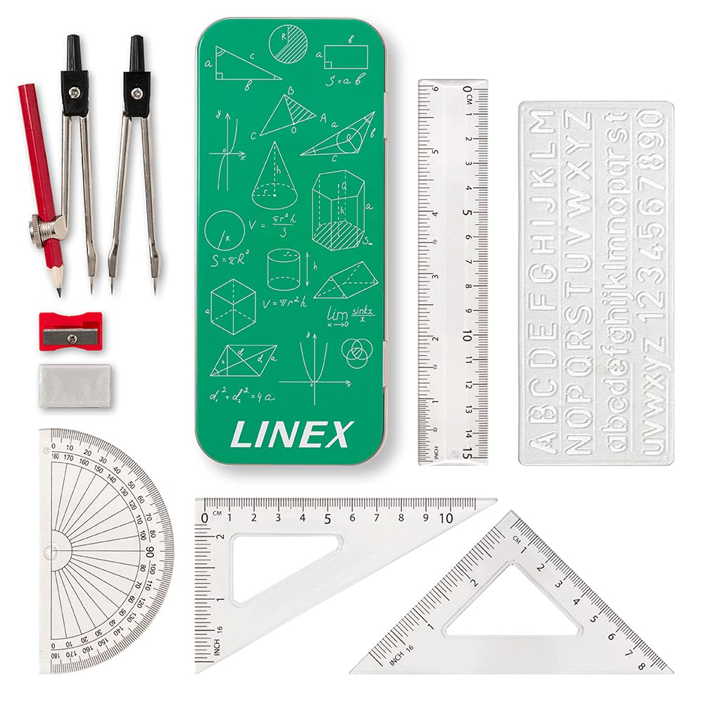 Linex Geometry Set for Students - 10 Pieces in Metal Tin | Compass, Protractor, Ruler 1