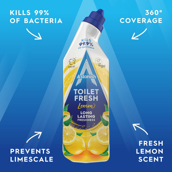 Astonish - Toilet Fresh Gel, Kills 99.9% of Bacteria, Limescale Prevention, Lemon Scent, 500g