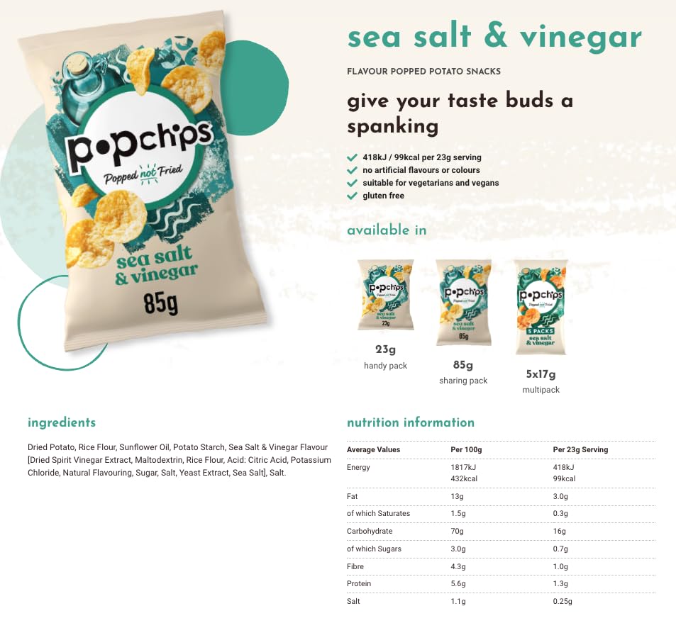 popchips Sea Salt & Vinegar Popped Potato Chips Multipack Box of 24 Single Servings (23g Each)
