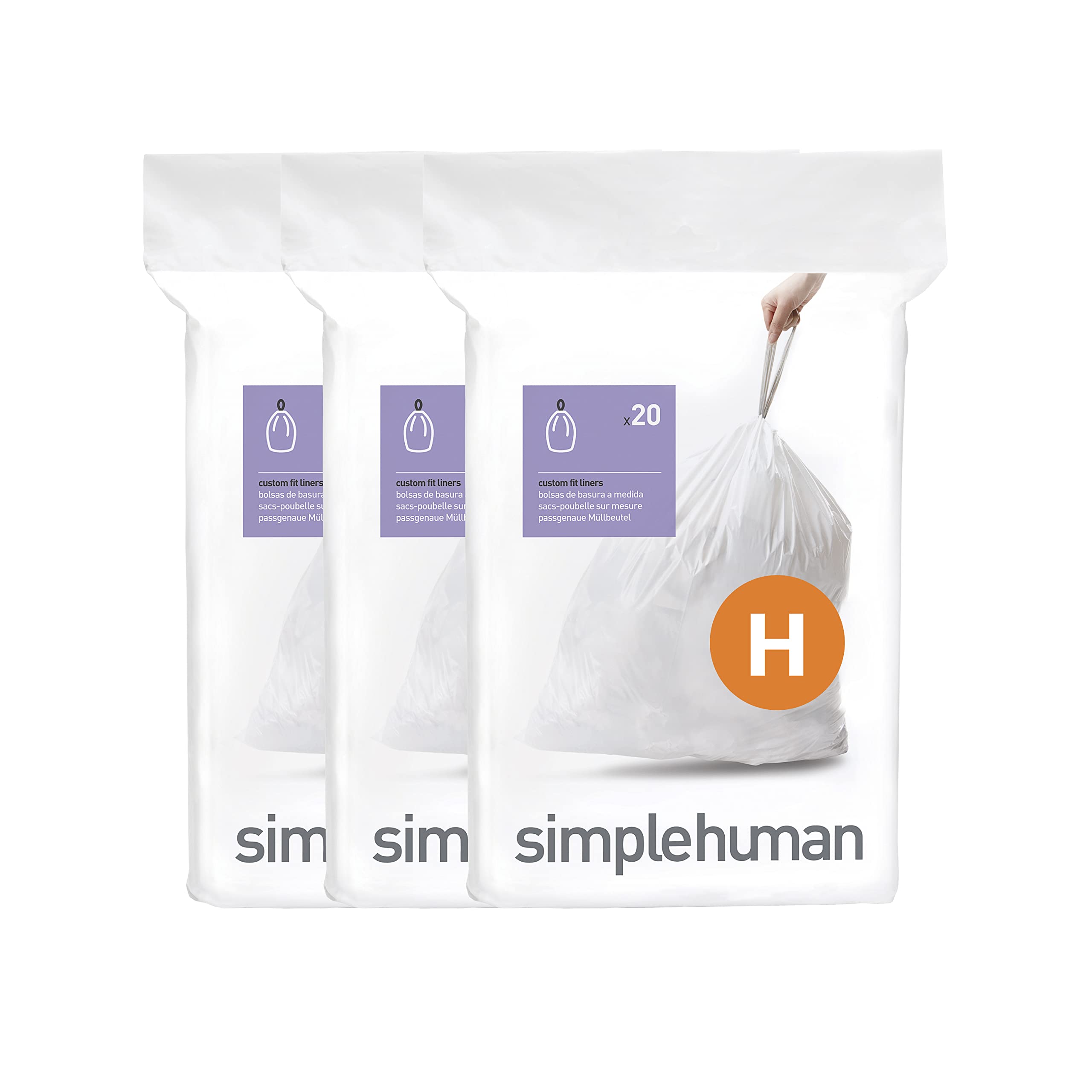 simplehuman Code H Bin Liners - 60 Count Custom Fit Bags | 50% Recycled Plastic