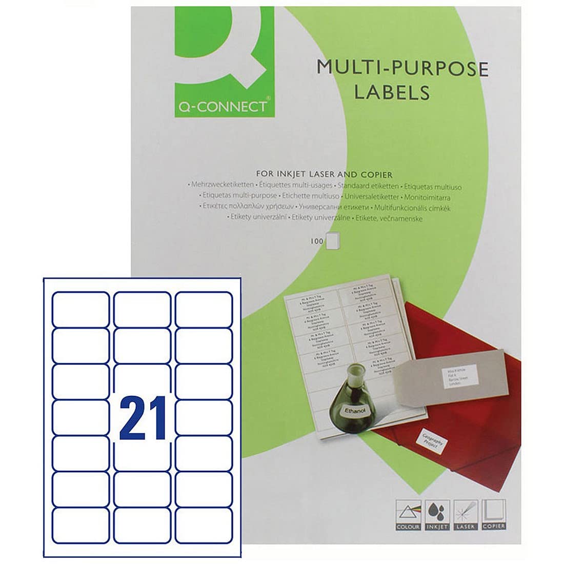 Q-Connect Multi-Purpose Labels - 63.5 x 38 mm, White, 2100 Labels (Pack of 100 Sheets)