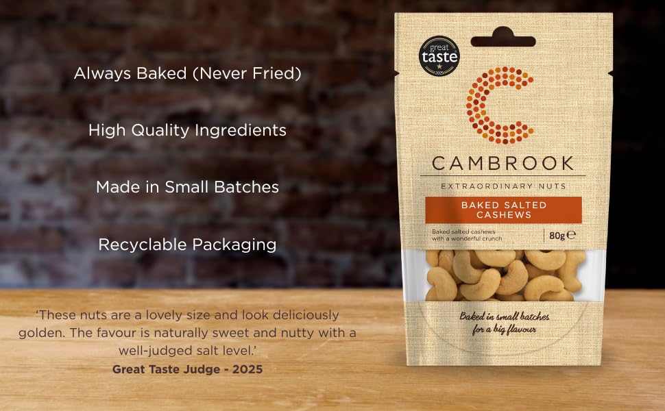 Cambrook Baked & Salted Cashews - Baked Not Fried | 80g Bag | Vegan Friendly