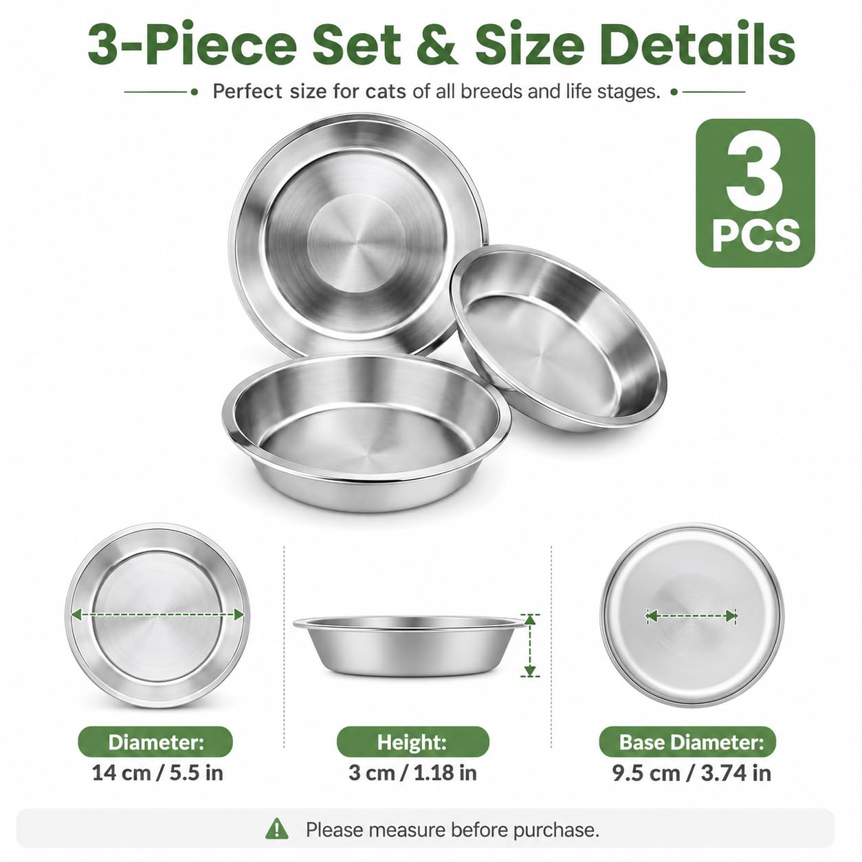 JADUFHU Stainless Steel Cat Bowls - 3 Pcs, 5.5 Inch Diameter, Whiskers-Friendly Design 6