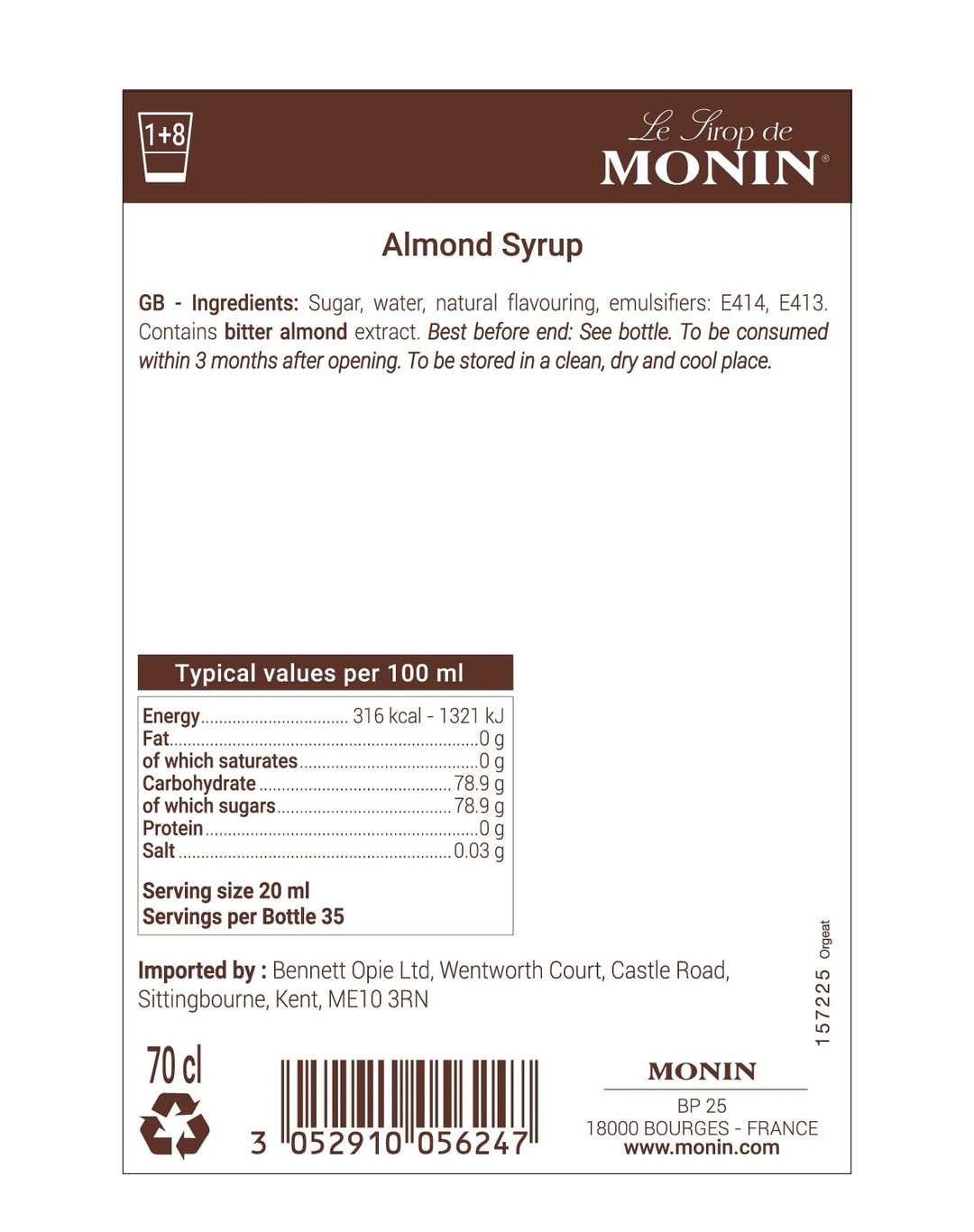 MONIN Premium Almond Orgeat Syrup 700ml - Vegan, Natural Flavouring for Cocktails & Coffee