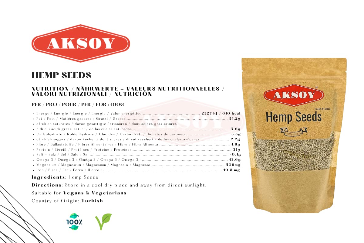 AKSOY Whole Hemp Seeds - Complete Protein Source | 625g | Rich in Omegas 3 & 6