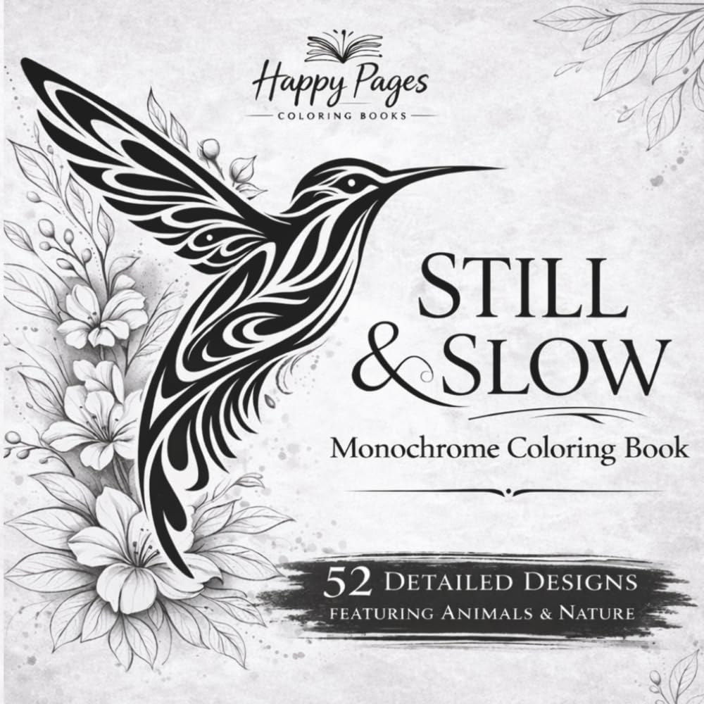 Happy Pages Still and Slow Monochrome Coloring Book for Adults: Animal & Nature Designs | Paperback