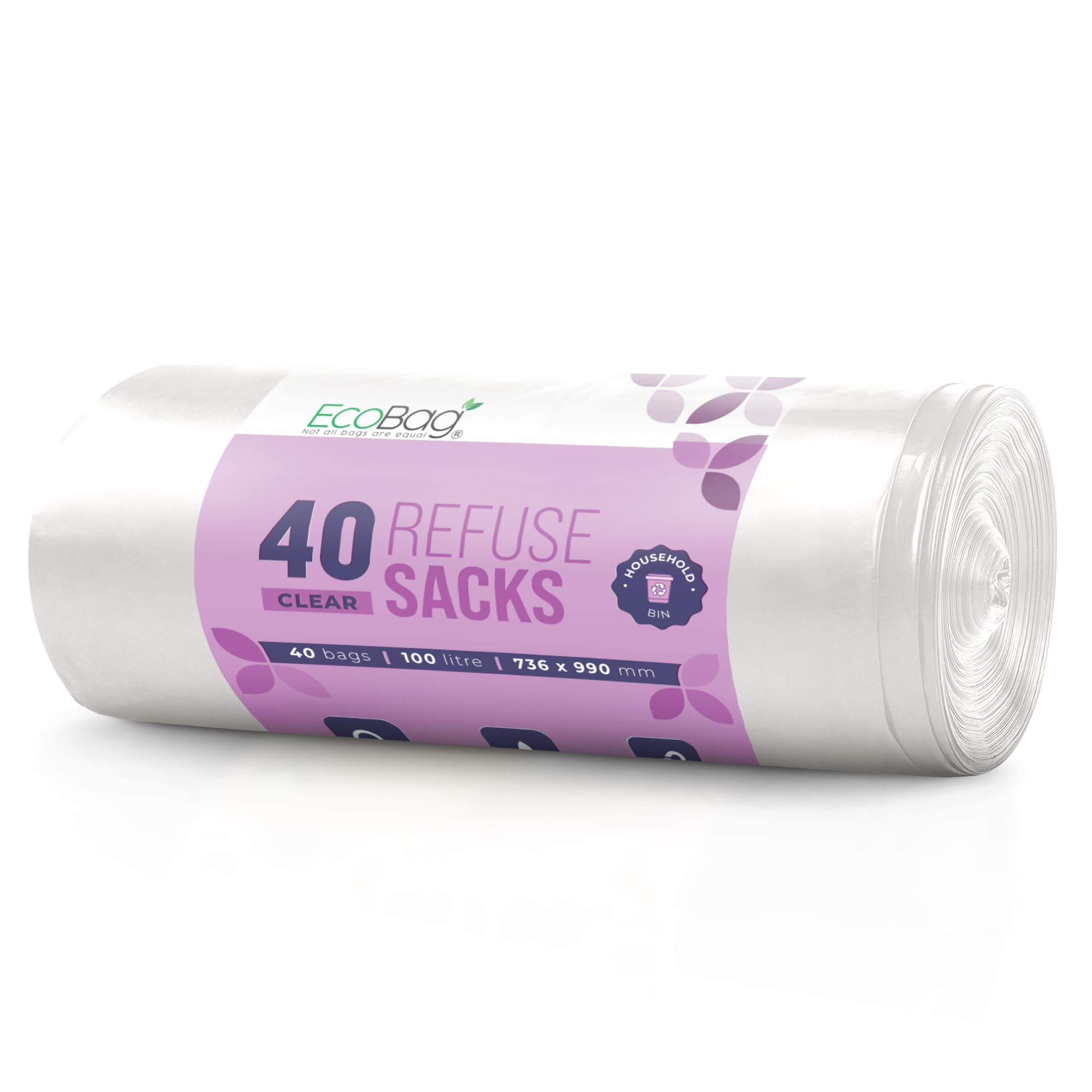 EcoBag 40 Pack Heavy Duty White Bin Liners - 100L - 22 Microns - Extra Strong