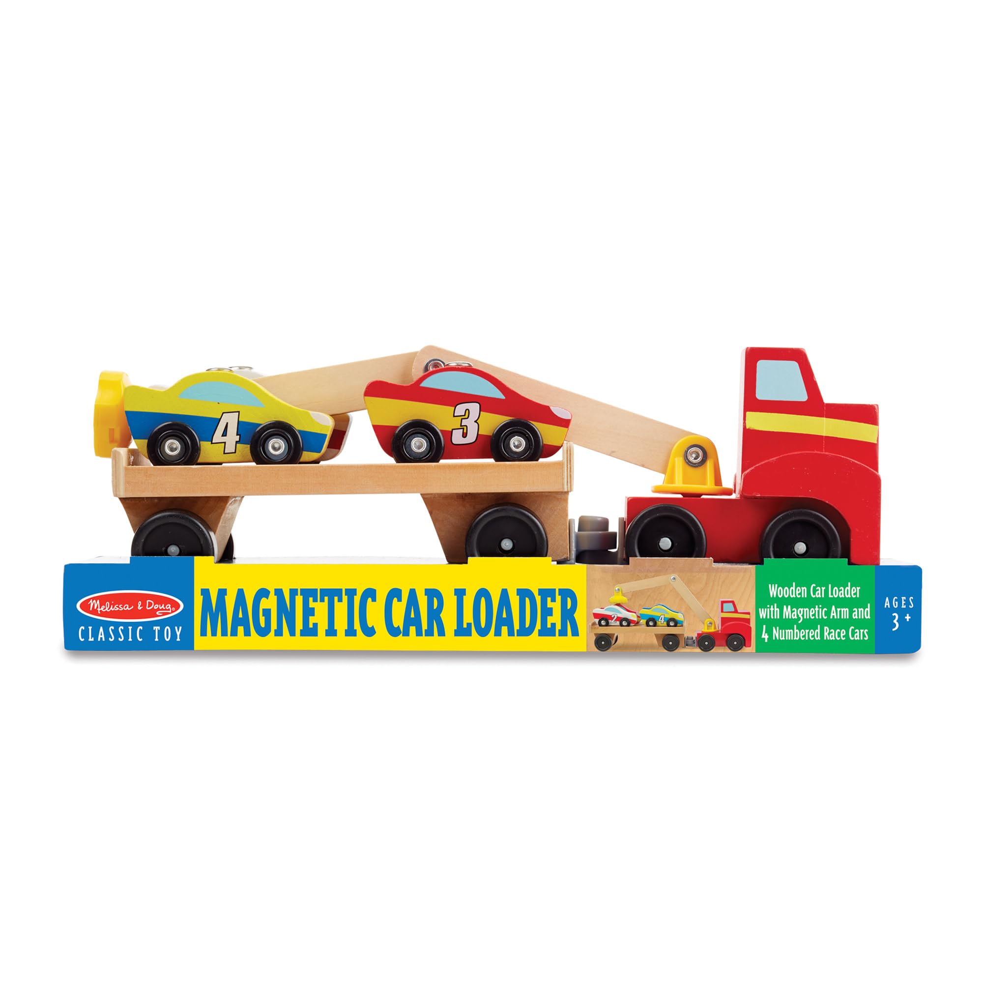 Melissa & Doug Magnetic Car Loader Wooden Truck Set | Ages 3+ | Includes Truck, Trailer, and 4 Magnetic Cars 3