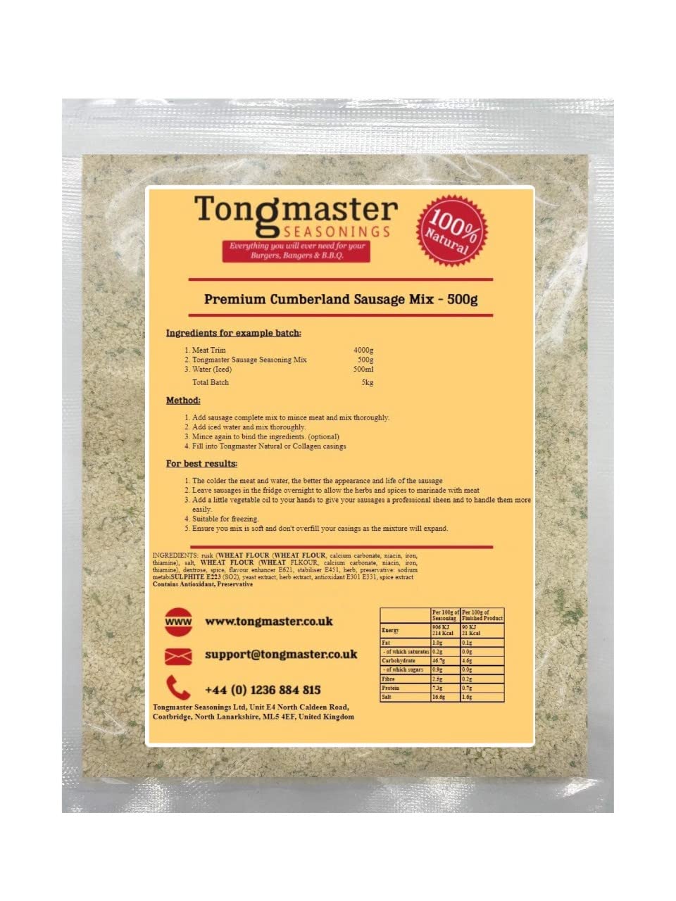Tongmaster Premium Cumberland Sausage Mix - 500g Pack | Makes 5kg Sausages 1