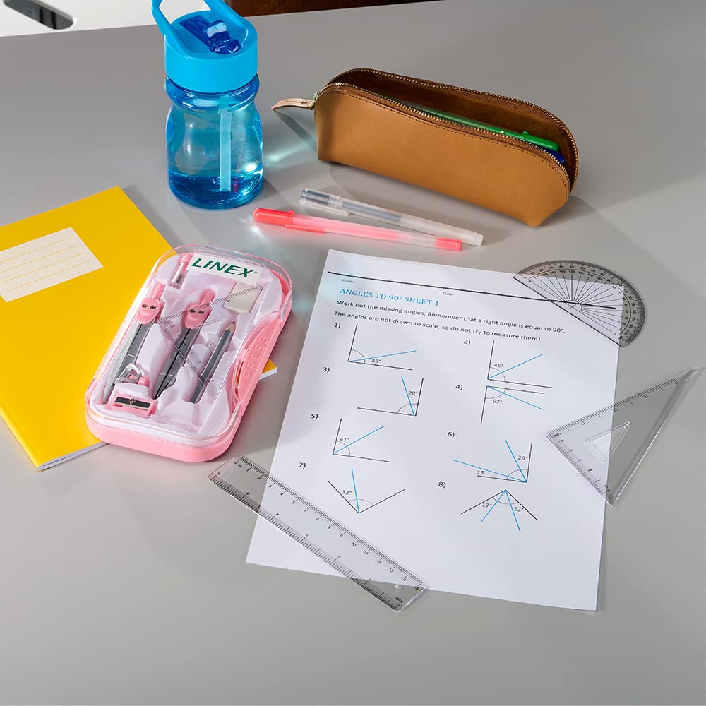Linex Maths Geometry Set - 10-Piece Exam Kit with Compass, Protractor, Ruler | Pink Case 4