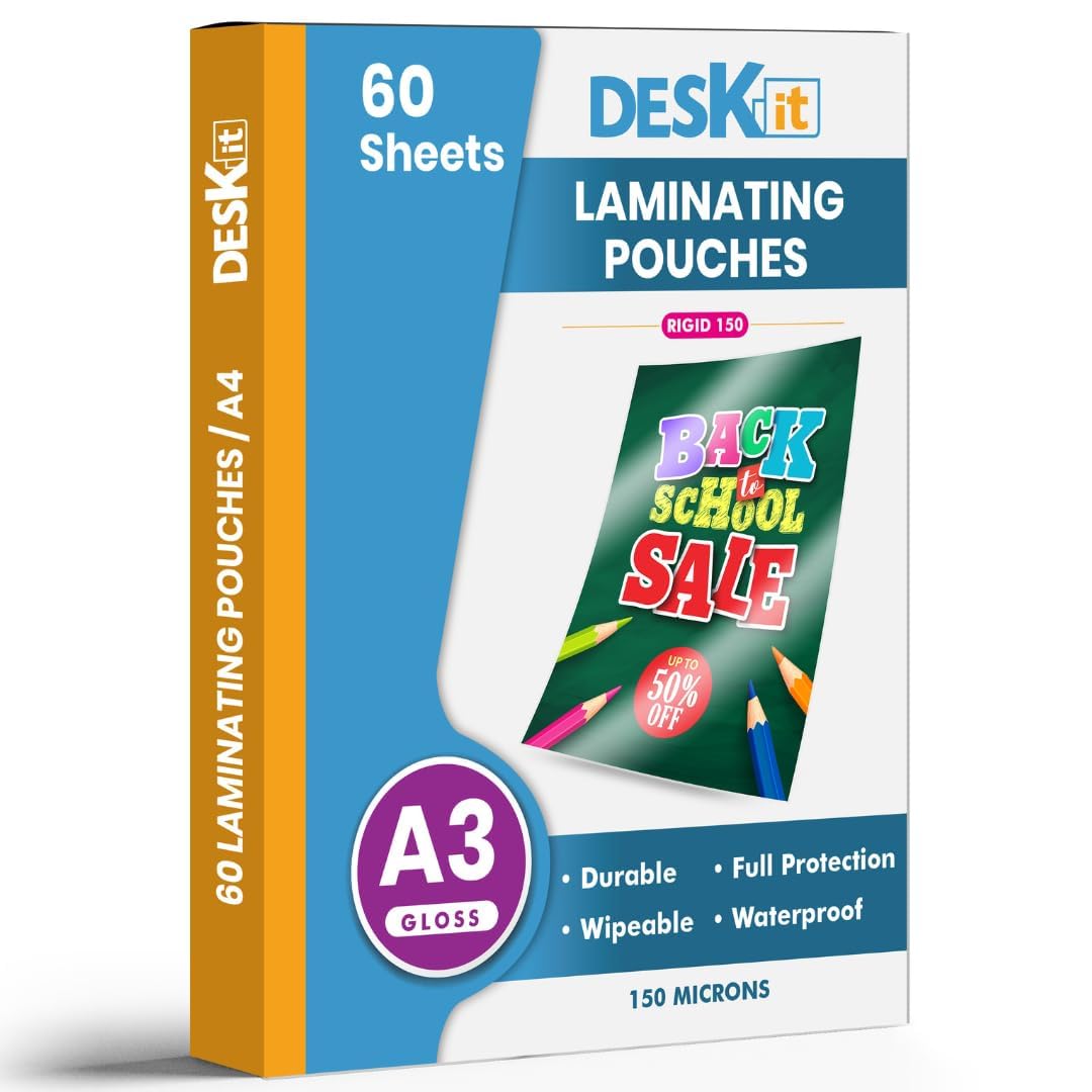 deskit A3 Laminating Pouches - 150 Microns, Glossy Finish, 60 Sheets for Durable Protection