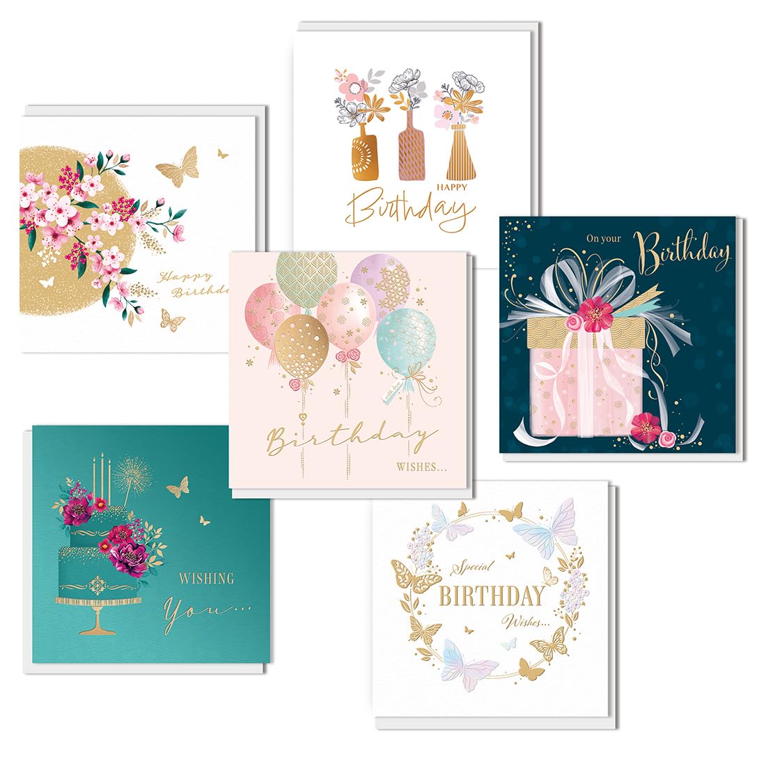 Piccadilly Greetings Assorted Luxury Birthday Cards Multipack for Women | 6 Cards, 16x16 cm