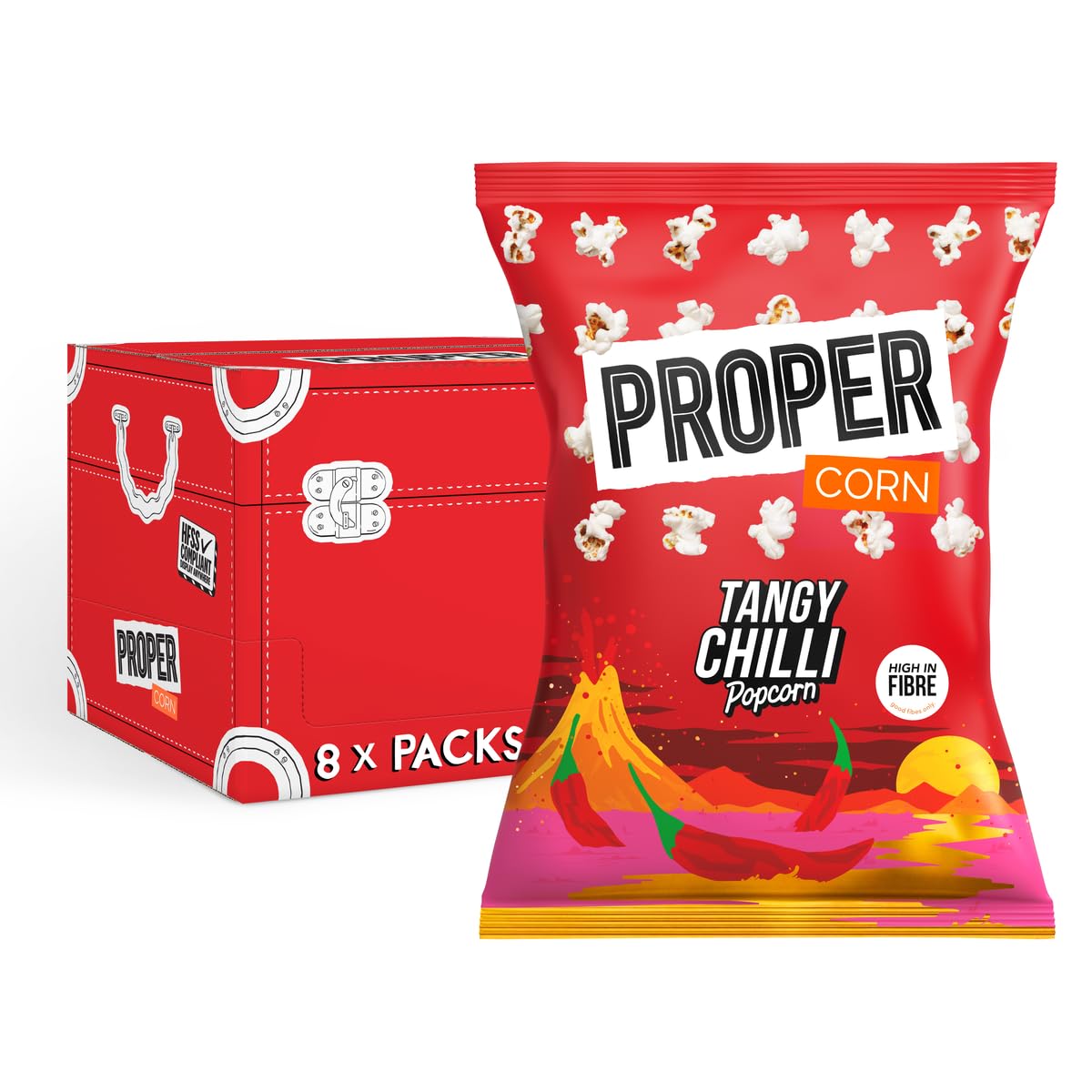 PROPER Tangy Chilli Popcorn - 8 x 70g Bags | Gluten Free, Vegan, Low Calorie Snack