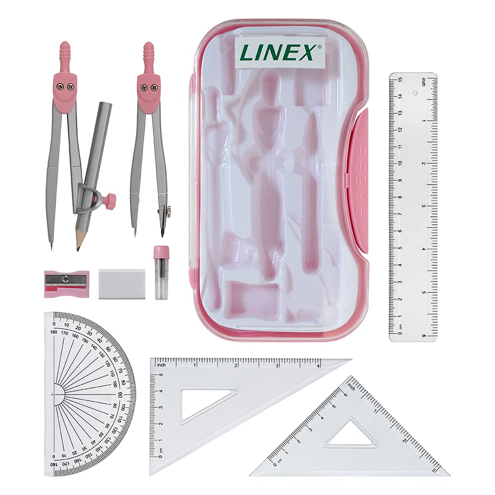 Linex Maths Geometry Set - 10-Piece Exam Kit with Compass, Protractor, Ruler | Pink Case 2