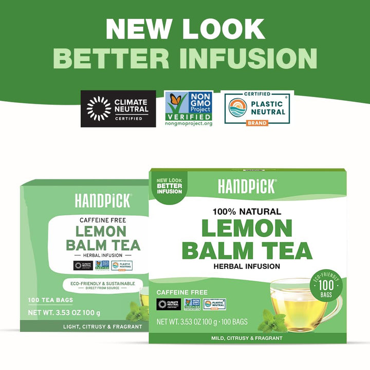 HANDPICK Lemon Balm Tea Bags – 100 Count | Caffeine-Free, Gluten-Free Herbal Tea from India