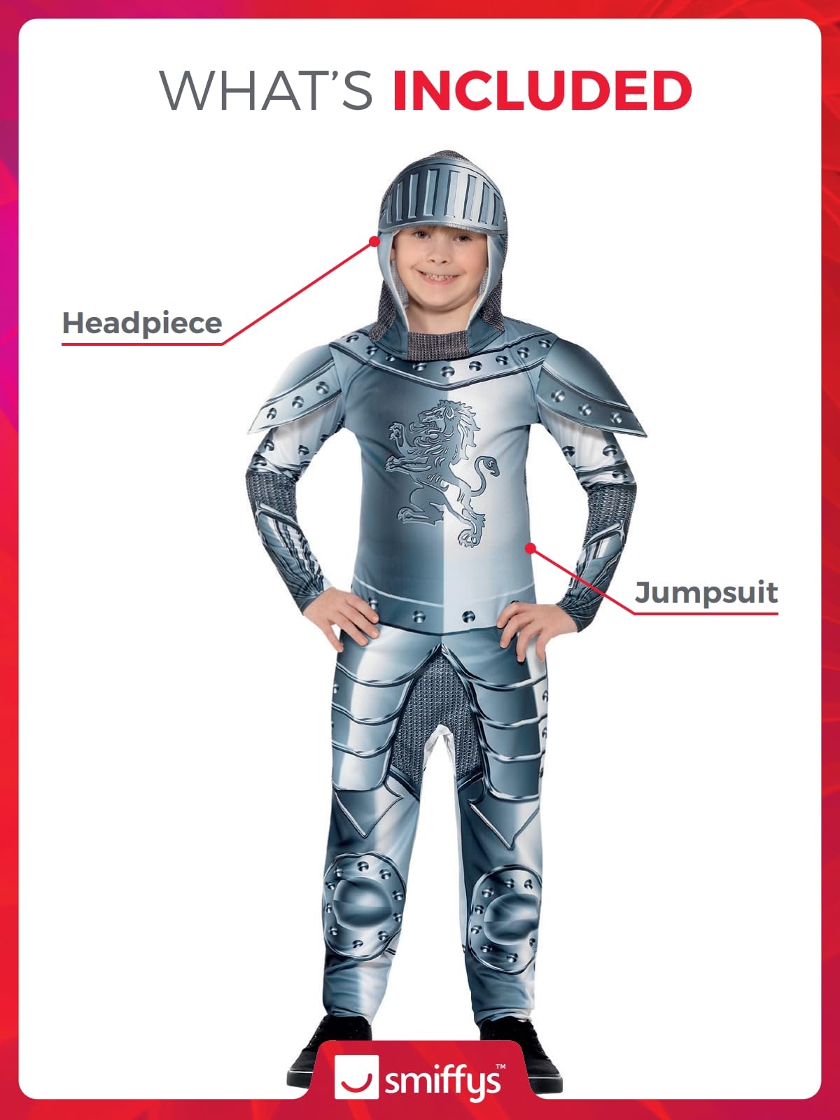 Smiffys Deluxe Armoured Knight Costume - Grey Jumpsuit & Headpiece, Digital Print, Ages 4-6 11