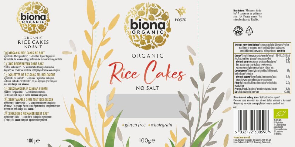 Biona Organic Unsalted Rice Cakes - 100% Wholegrain Brown Rice | Source of Fibre | Gluten Free (12 x 100g) 2