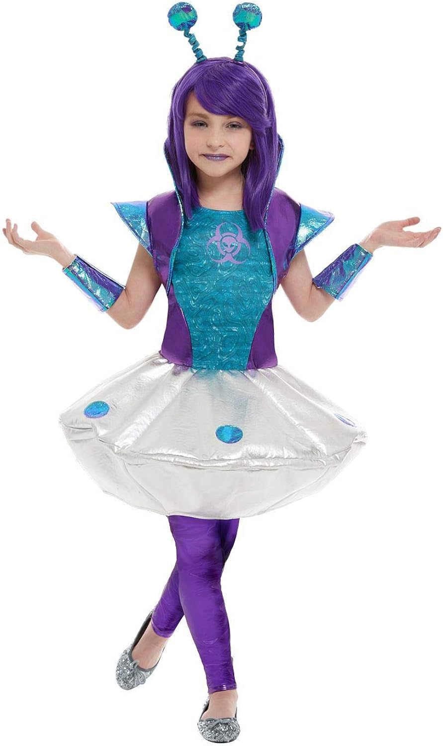 Smiffys Alien Girl Costume Set [Silver Dress, Leggings, Wrist Cuffs & Headband] - Kids Fancy Dress