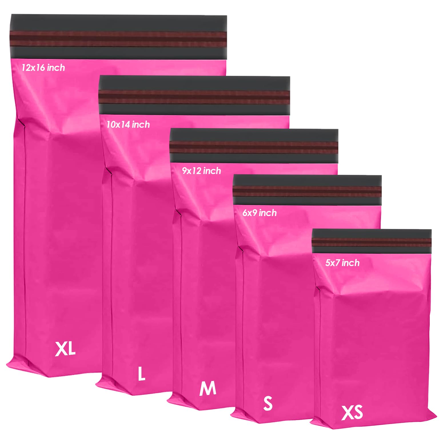 iSOUL 125 Assorted Hot Pink Poly Mailing Bags - 5 Sizes, Self-Seal, Water Resistant | 60 Micron 1