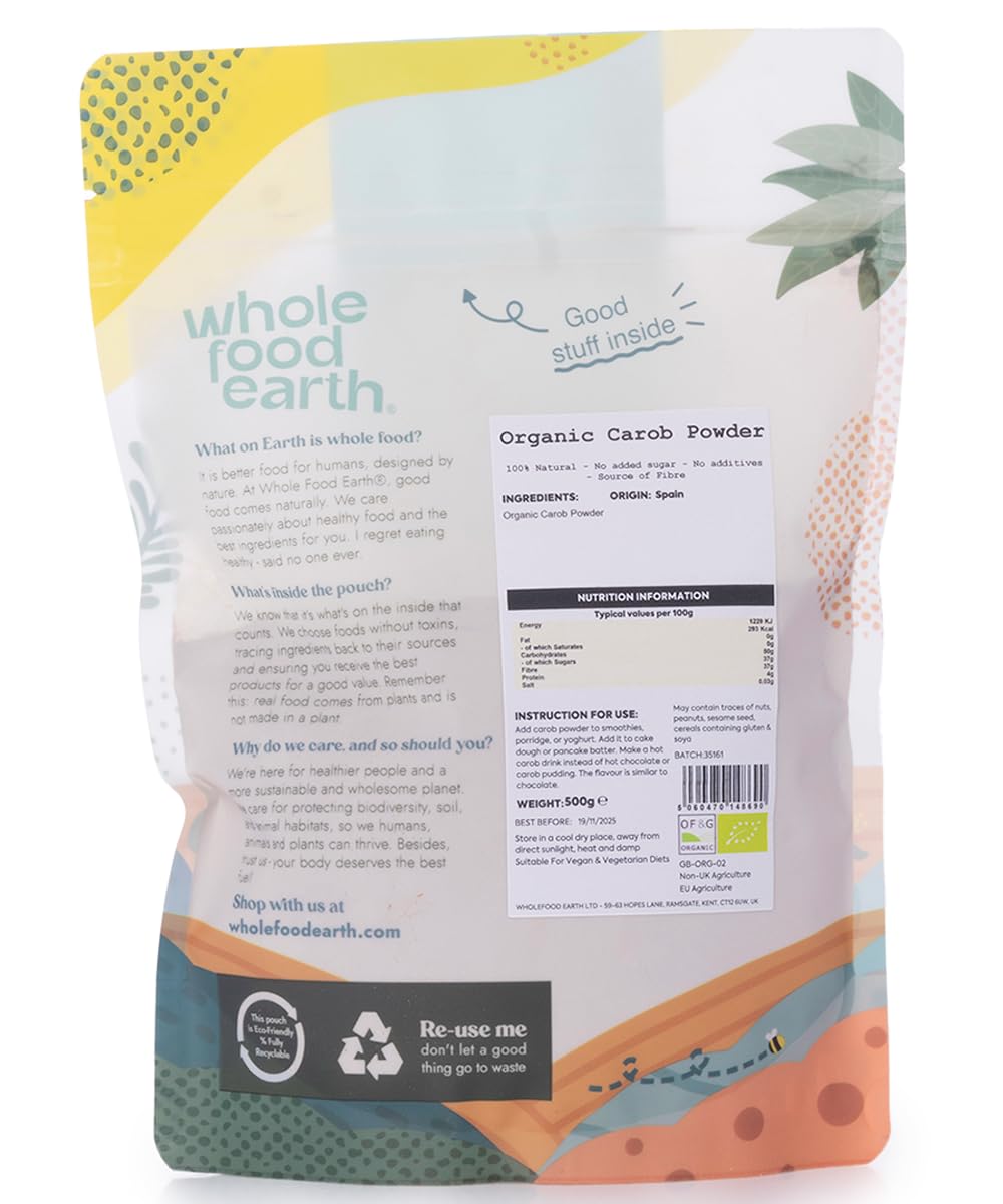 Wholefood Earth Organic Carob Powder - Vegan, High Fibre, Caffeine-Free | 500g 2