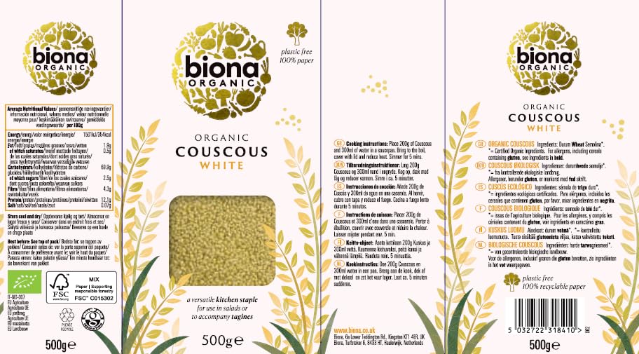 Biona Organic Cous Cous - Italian Durum Wheat | 500g | Ready in 5 Mins 2