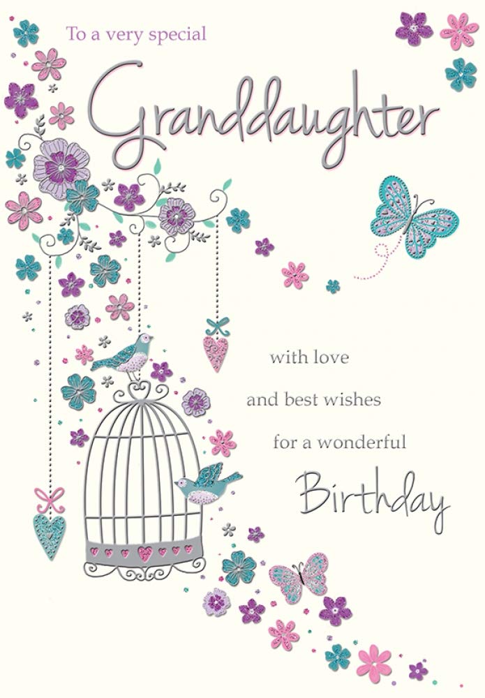 Piccadilly Greetings Traditional Birthday Card for Granddaughter | 9 x 6 Inches | Birdcage Hanging Design