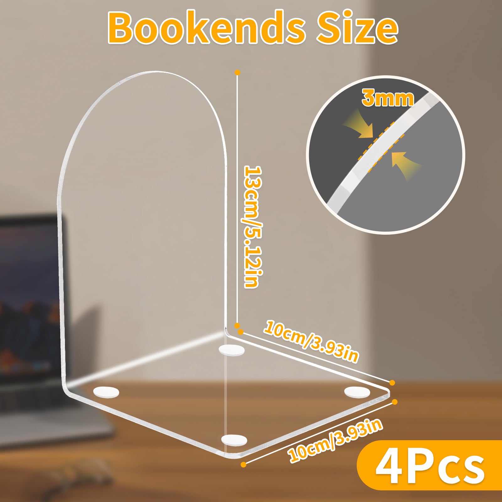 MOXYOY 4 Pcs Acrylic Bookends - Clear L-Shape Support with Anti-Slip Pads | 100x100x130mm