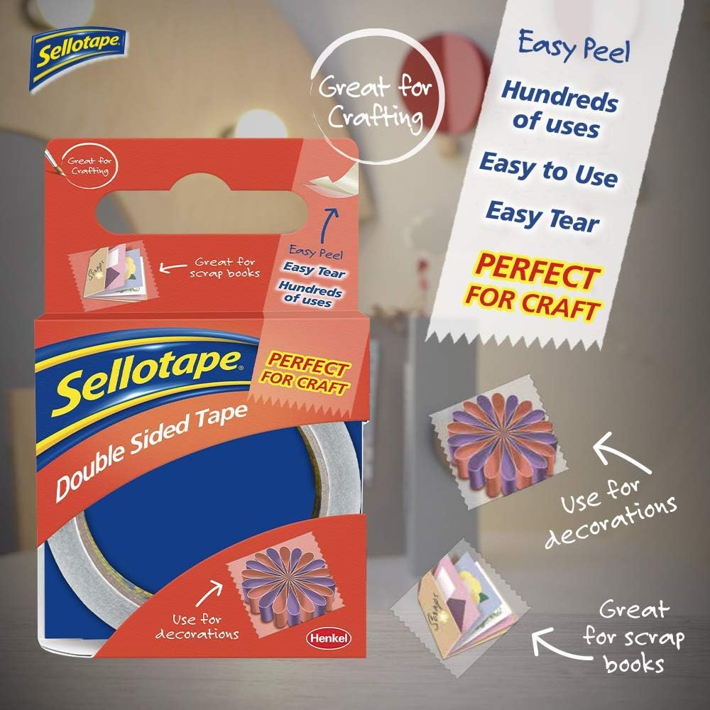 Sellotape Double Sided Tape, Strong Double Sided Tape for Everyday Use, Mounting, Arts & Crafts, Easy to Use Double Sided Sticky Tape with Solid Grip & Easy Peel, 25mmx33m