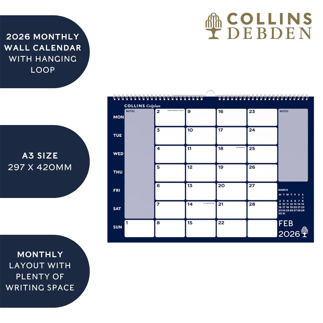 Collins Colplan 2026 Wall Diary Calendar - A3 Monthly View with Notes Space | CMC-26 2