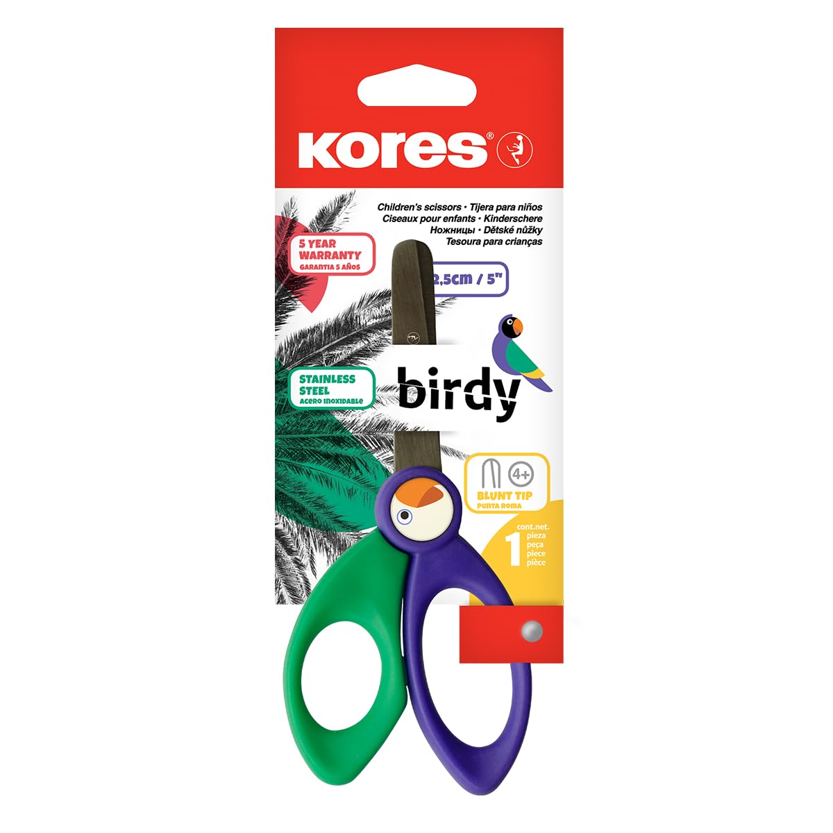 Kores Birdy Children Safety Scissors - Blunt Tip, Stainless Steel Blades, Assorted Colors | 125mm