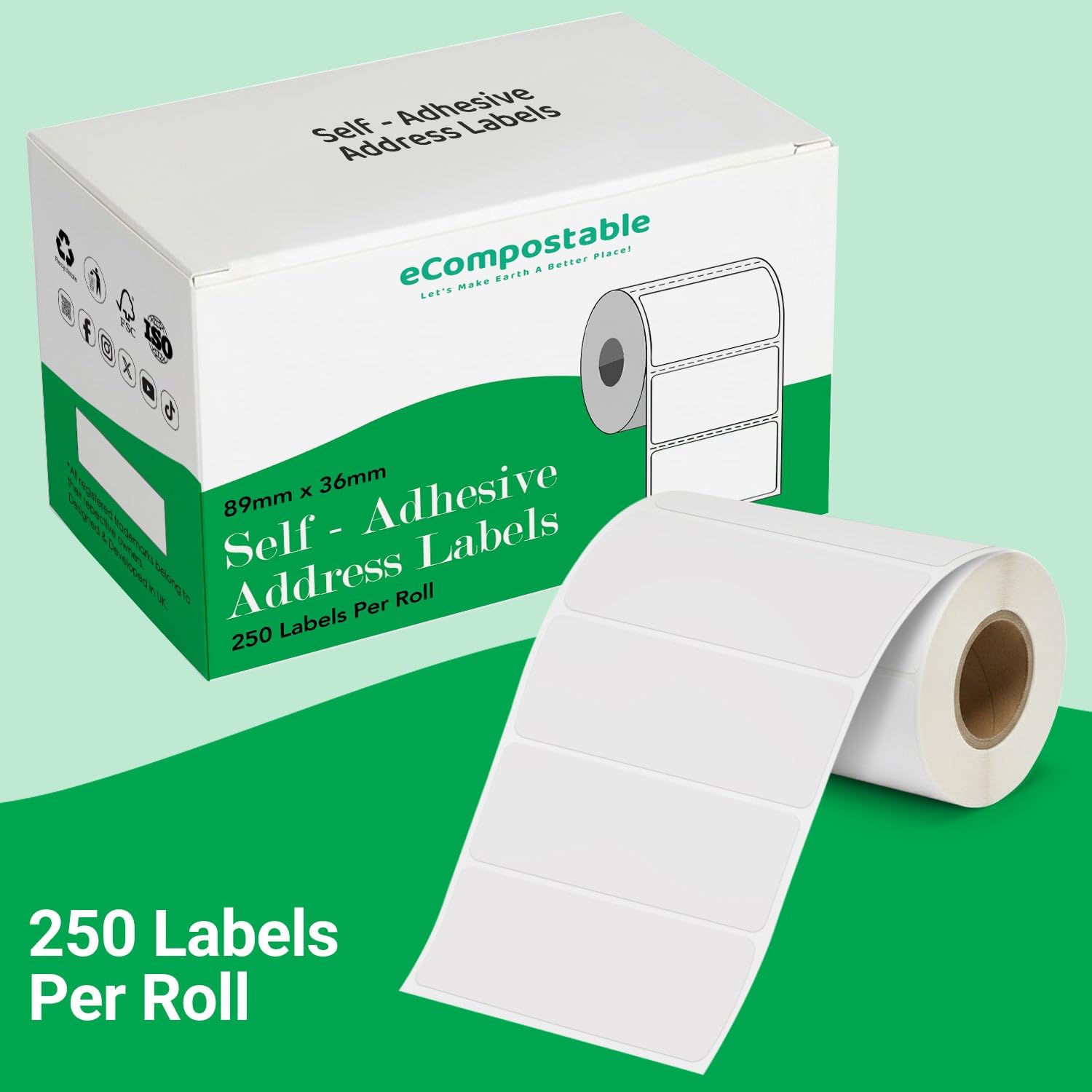 eCompostable Self Adhesive Address Labels - 89x36mm White Sticky Labels on Roll | 250 Count