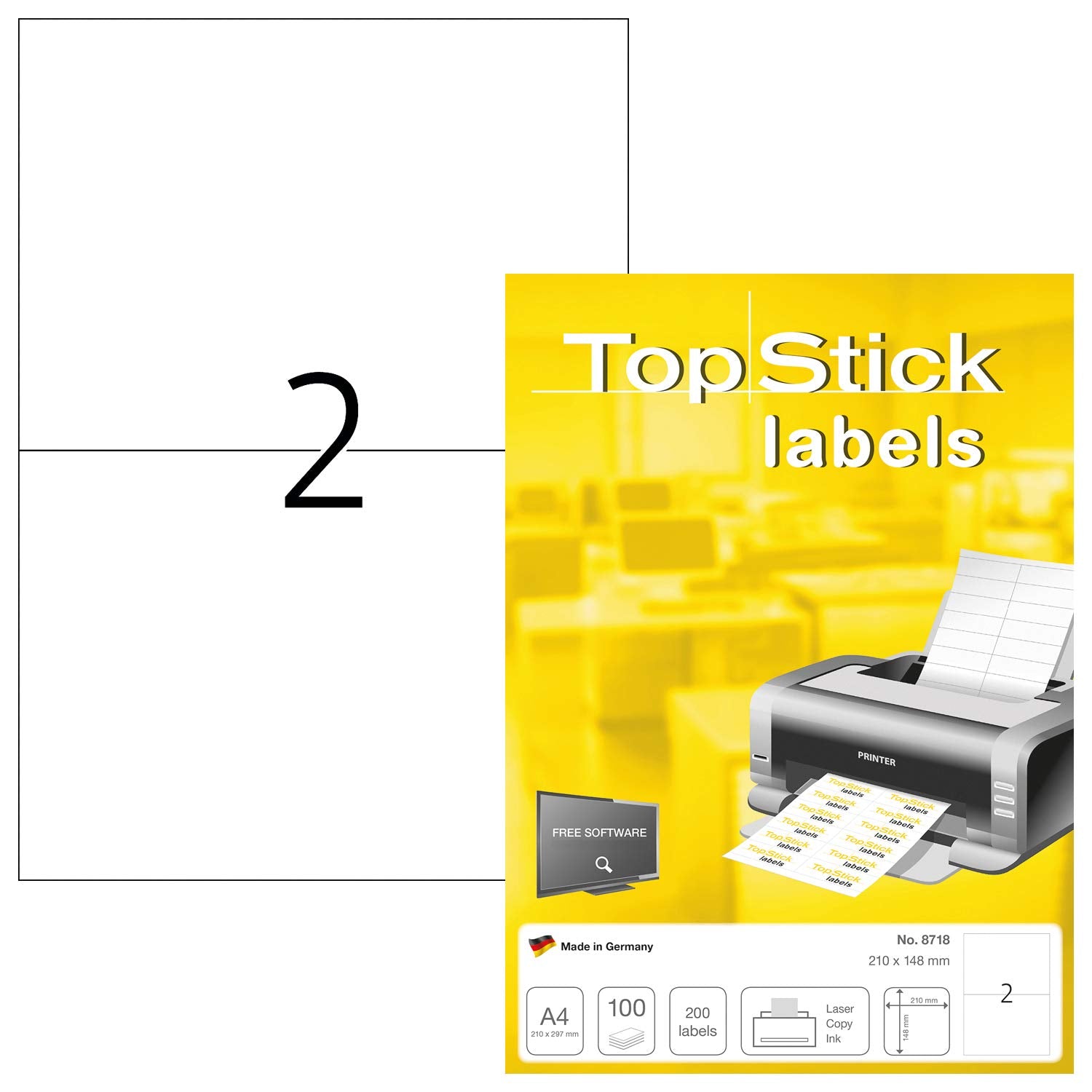TopStick Self Adhesive Multipurpose Labels - 2 Labels per A4 Sheet, 200 Labels Total, 210 x 148 mm | White