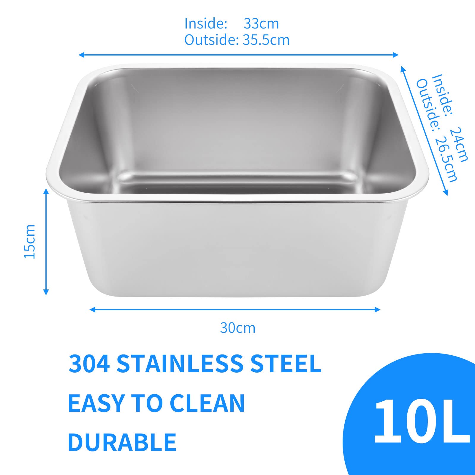 ASelected 304 Stainless Steel Washing Up Bowl - 10 Litre Capacity | 33x24x15cm | Durable