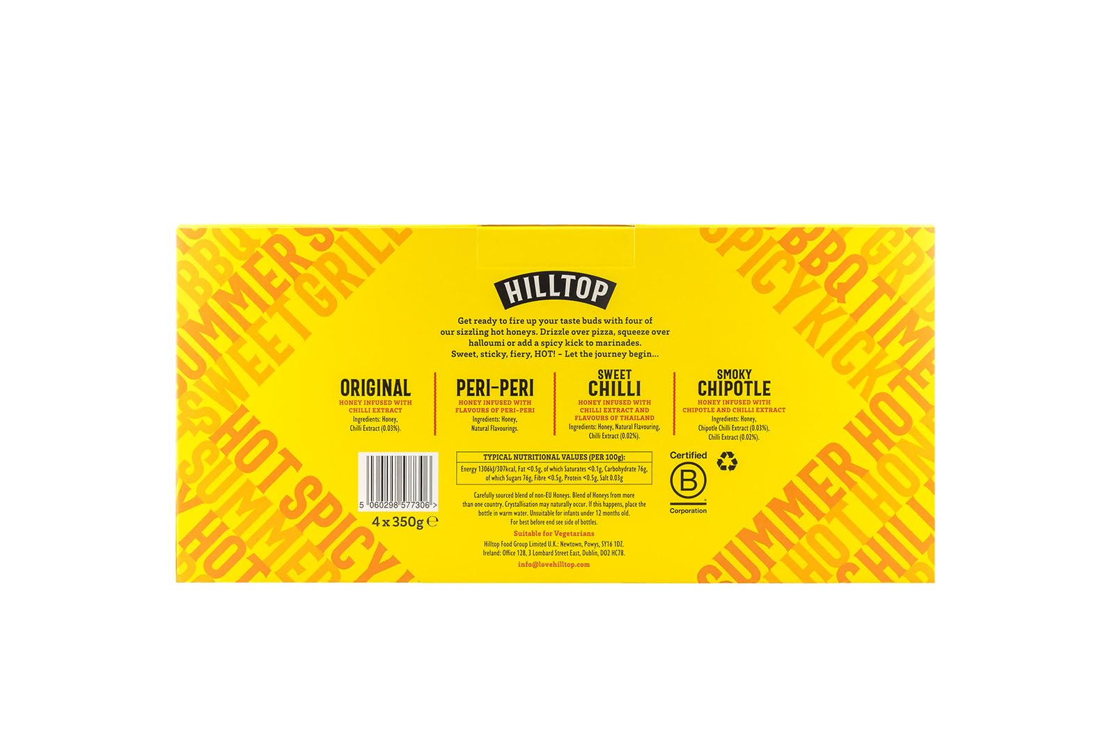 Hilltop Honey Hot Honey Discovery Set - Original, Smoky Chipotle, Peri Peri, Sweet Chilli | 4 x 350g 6