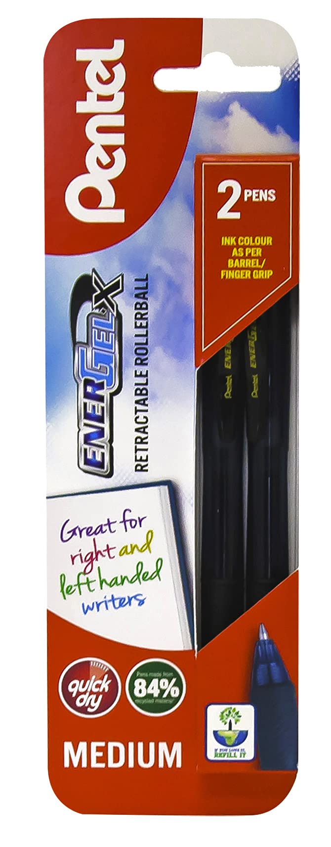 Pentel EnerGel-XBL107/2-A Retractable Gel Ink Rollerball Pen, 0.7mm Medium Point, Black Ink (2 Pack)